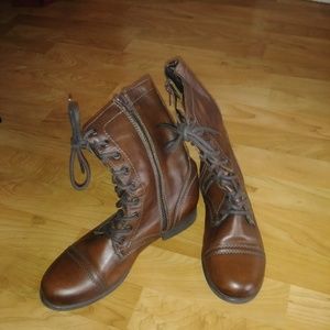 Brown Genuine Leather Lace-up Mid-Calf Boots